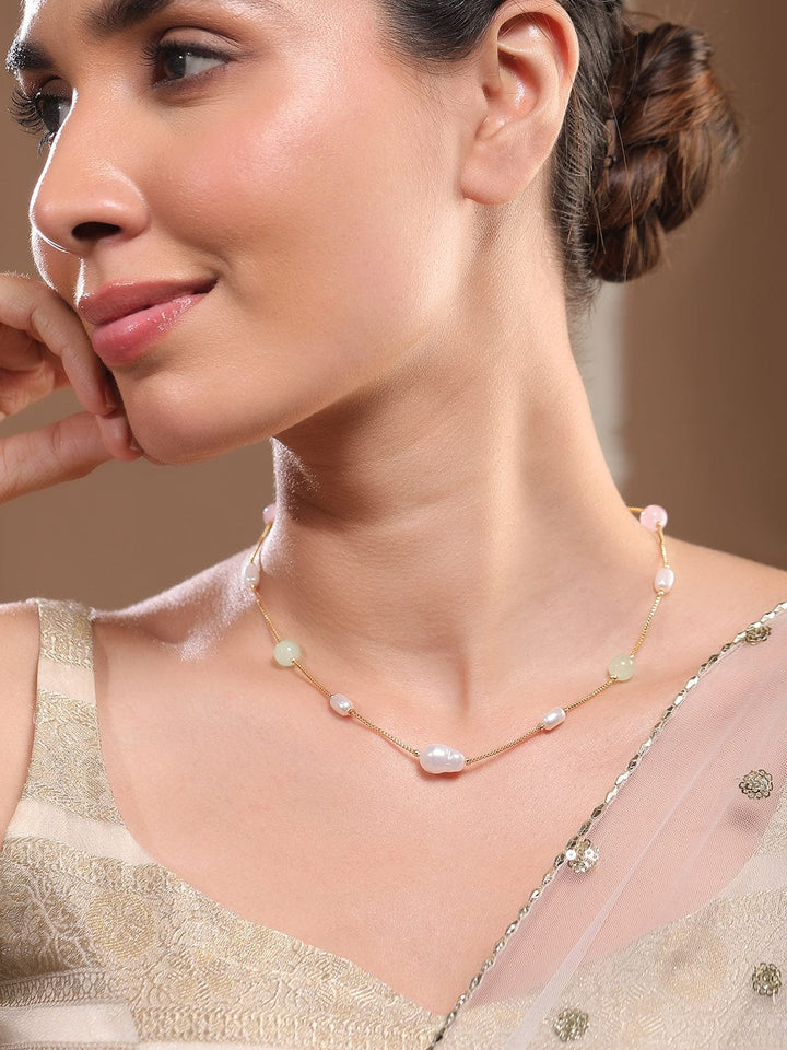 Rubans 18K Gold-Plated Necklace with Freshwater Pearls & Pastel Pink and Green Beads Jewellery Sets