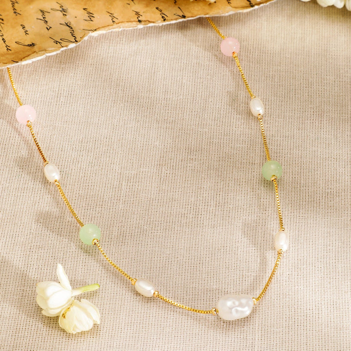 Rubans 18K Gold-Plated Necklace with Freshwater Pearls & Pastel Pink and Green Beads Jewellery Sets