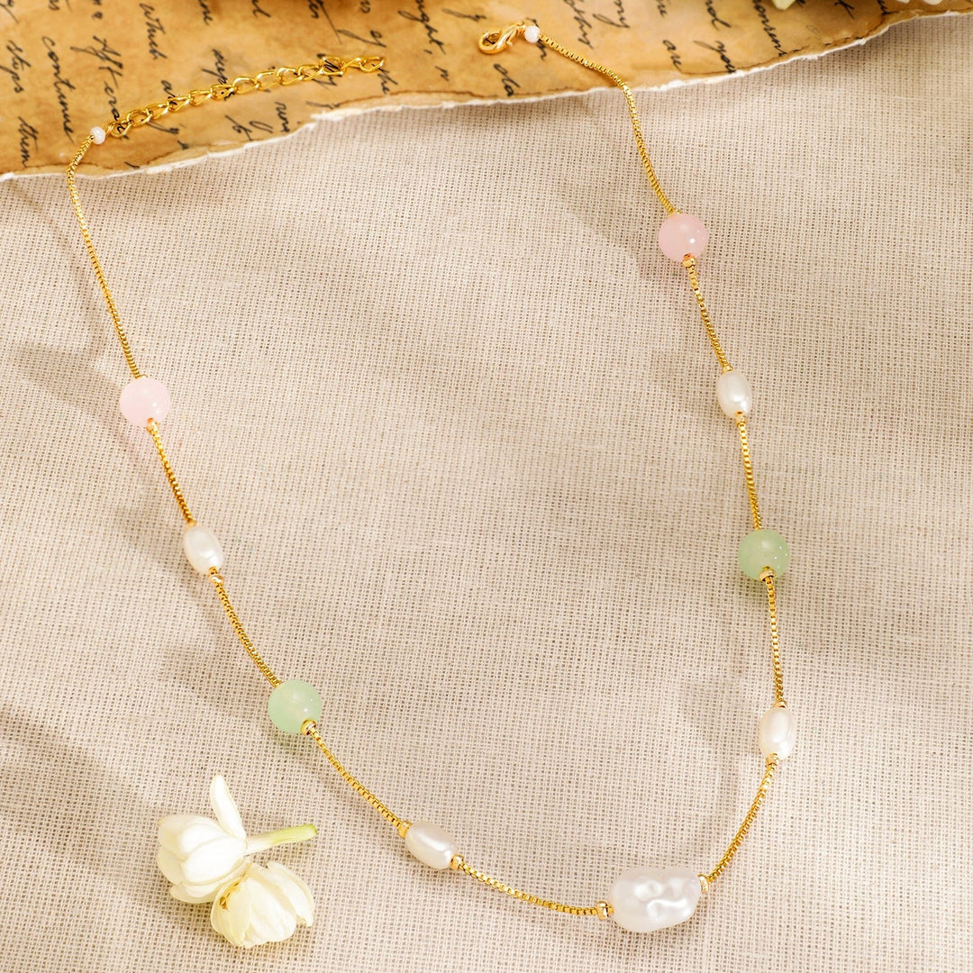 Rubans 18K Gold-Plated Necklace with Freshwater Pearls & Pastel Pink and Green Beads Jewellery Sets