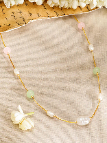 Rubans 18K Gold-Plated Necklace with Freshwater Pearls & Pastel Pink and Green Beads Necklace & Chains