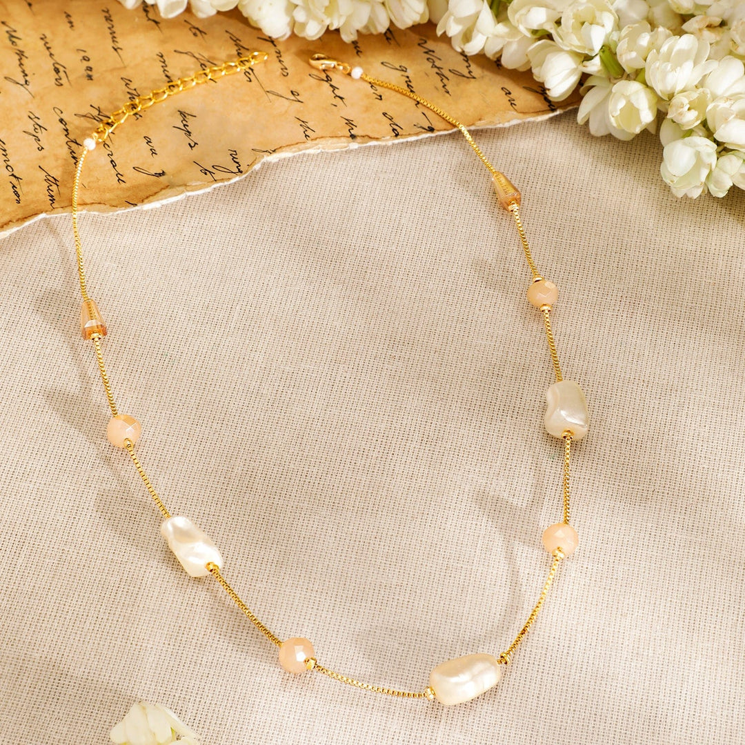 Rubans 18K Gold-Plated Necklace with Pearl & Peach Bead Accents Necklaces, Necklace Sets, Chains & Mangalsutra