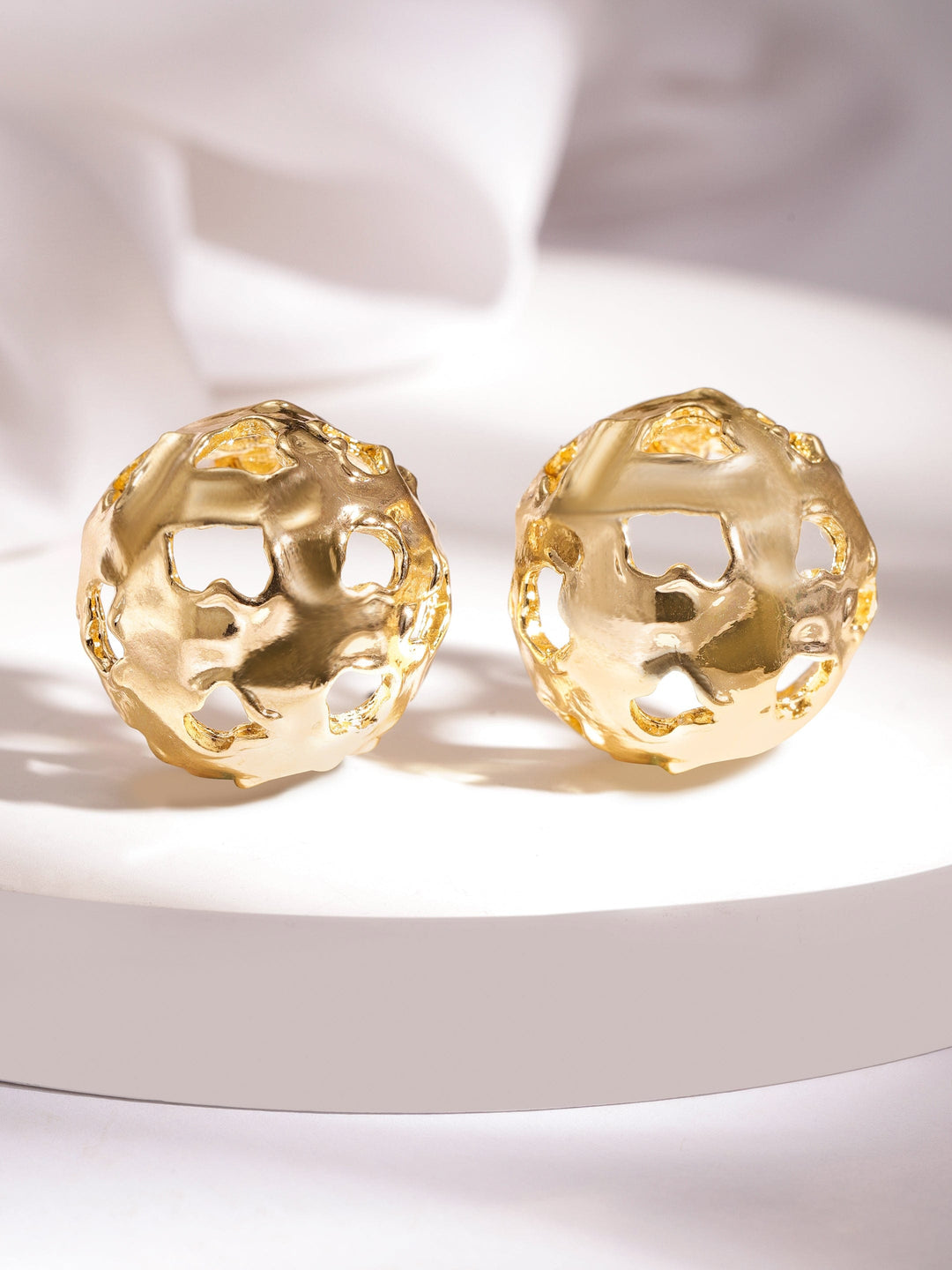 Rubans 18K Gold Plated Openwork Round Stud Earrings with Intricate Artistic Design Stud Earrings