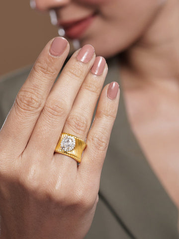 Rubans 18K Gold Plated Oval Cubic Zirconia Studded Adjustable Statement Ring Finger Rings