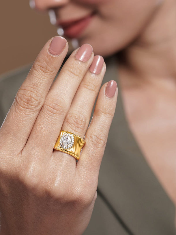 Rubans 18K Gold Plated Oval Cubic Zirconia Studded Adjustable Statement Ring Finger Rings