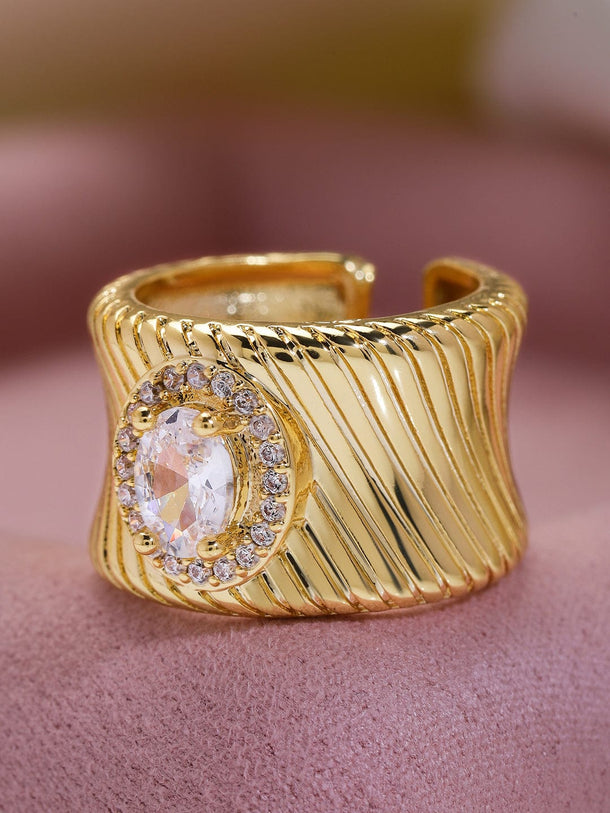 Rubans 18K Gold Plated Oval Cubic Zirconia Studded Adjustable Statement Ring Rings