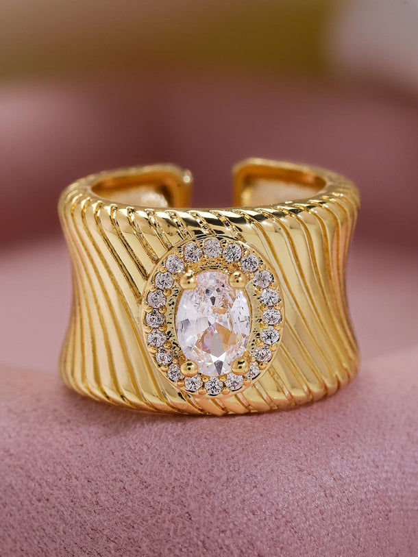 Rubans 18K Gold Plated Oval Cubic Zirconia Studded Adjustable Statement Ring Rings