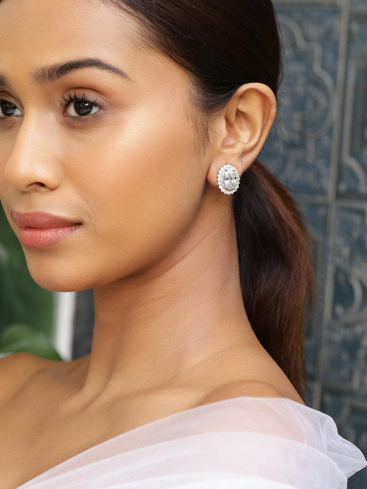 Rubans 18K Gold-Plated Oval Cut Cubic Zirconia Studded Stud Earrings â€“ Elegant Sparkle Earrings