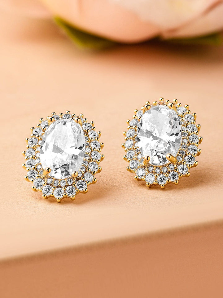 Rubans 18K Gold-Plated Oval Cut Cubic Zirconia Studded Stud Earrings â€“ Elegant Sparkle Earrings