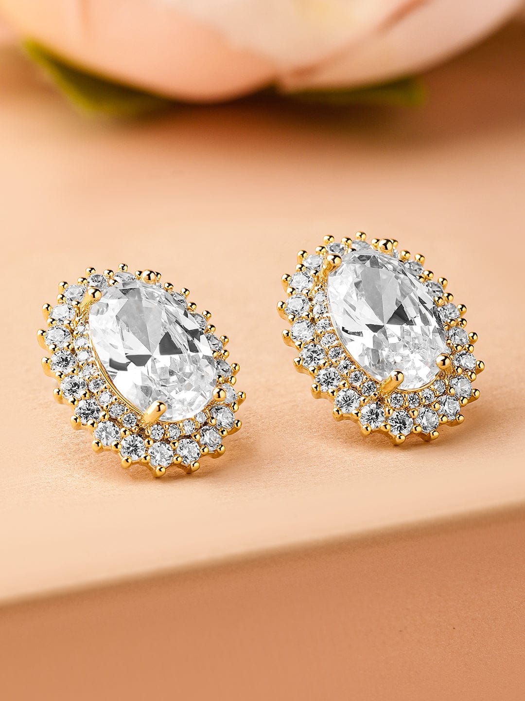 Rubans 18K Gold-Plated Oval Cut Cubic Zirconia Studded Stud Earrings â€“ Elegant Sparkle Earrings
