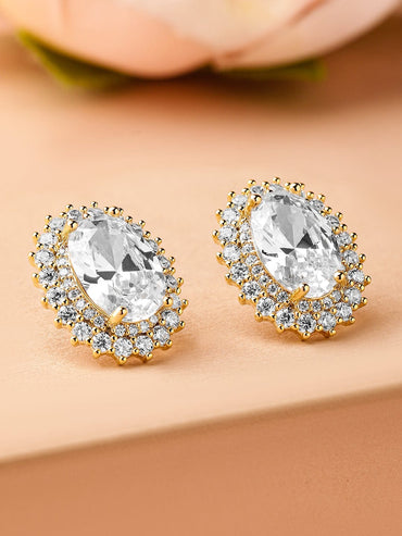 Rubans 18K Gold-Plated Oval Cut Cubic Zirconia Studded Stud Earrings â€“ Elegant Sparkle Earrings