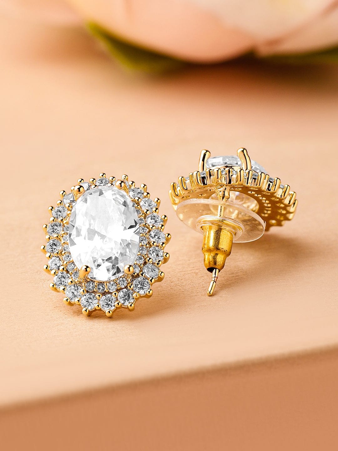 Rubans 18K Gold-Plated Oval Cut Cubic Zirconia Studded Stud Earrings â€“ Elegant Sparkle Earrings