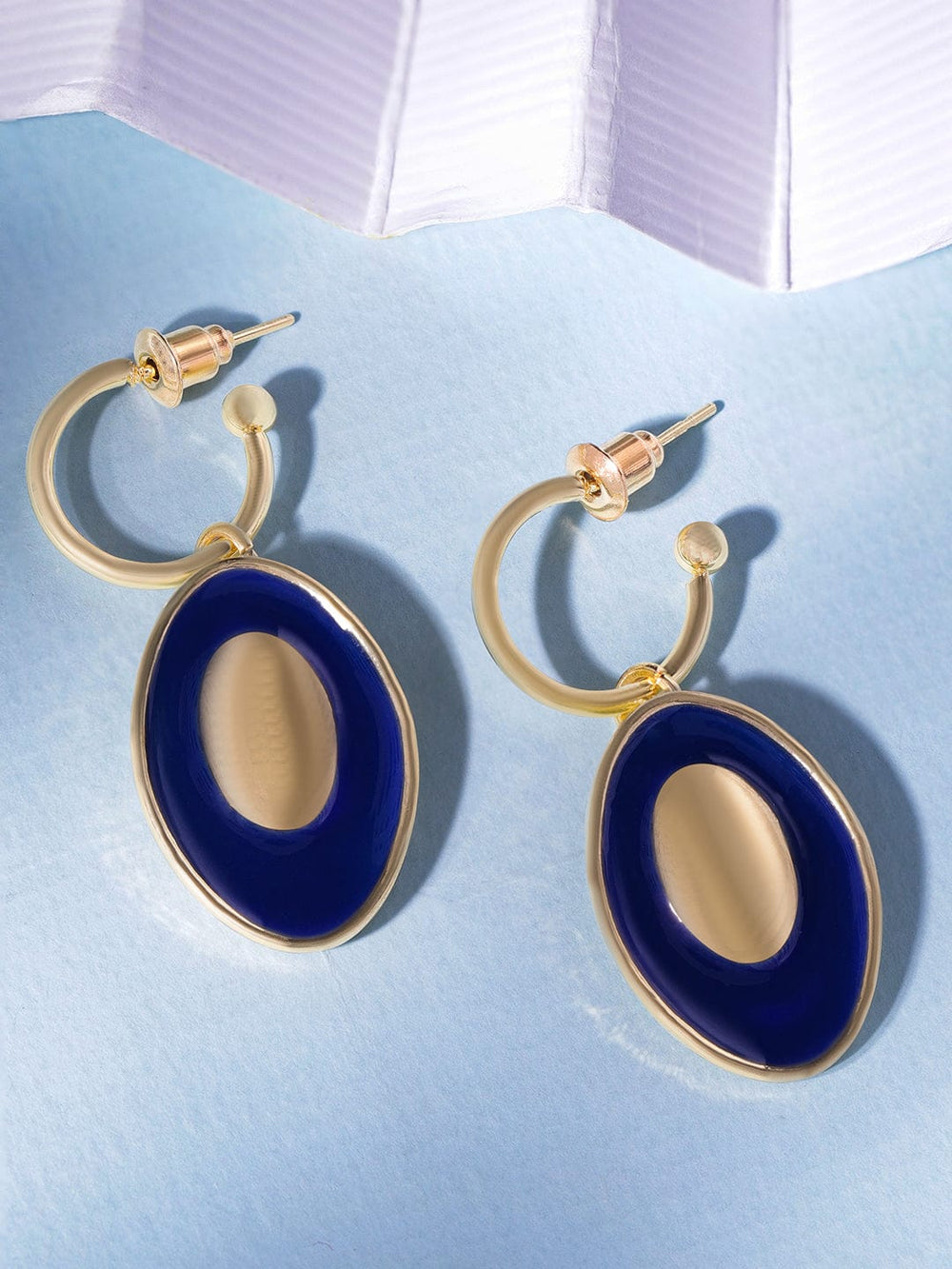 Rubans 18K Gold-Plated Oval Drop Earrings with Bold Blue Enamel Accents Drop Earrings