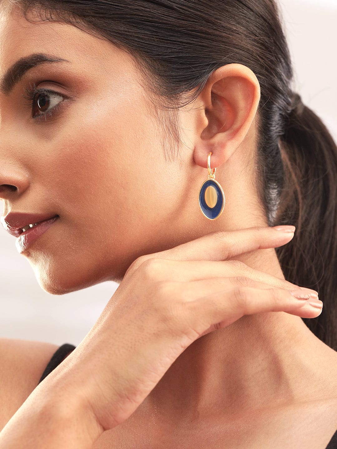 Rubans 18K Gold-Plated Oval Drop Earrings with Bold Blue Enamel Accents Drop Earrings