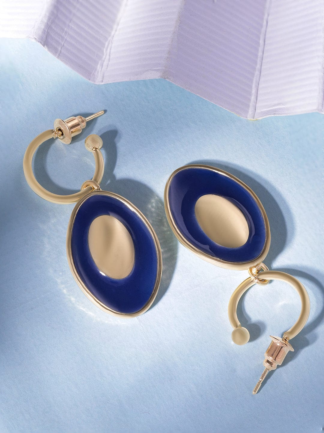 Rubans 18K Gold-Plated Oval Drop Earrings with Bold Blue Enamel Accents Drop Earrings