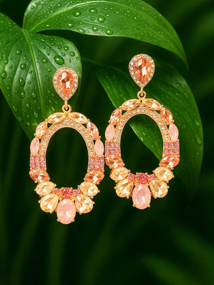Rubans 18K Gold-Plated Oval Pink & Champagne Crystal Studded Statement Dangle Earrings Earrings