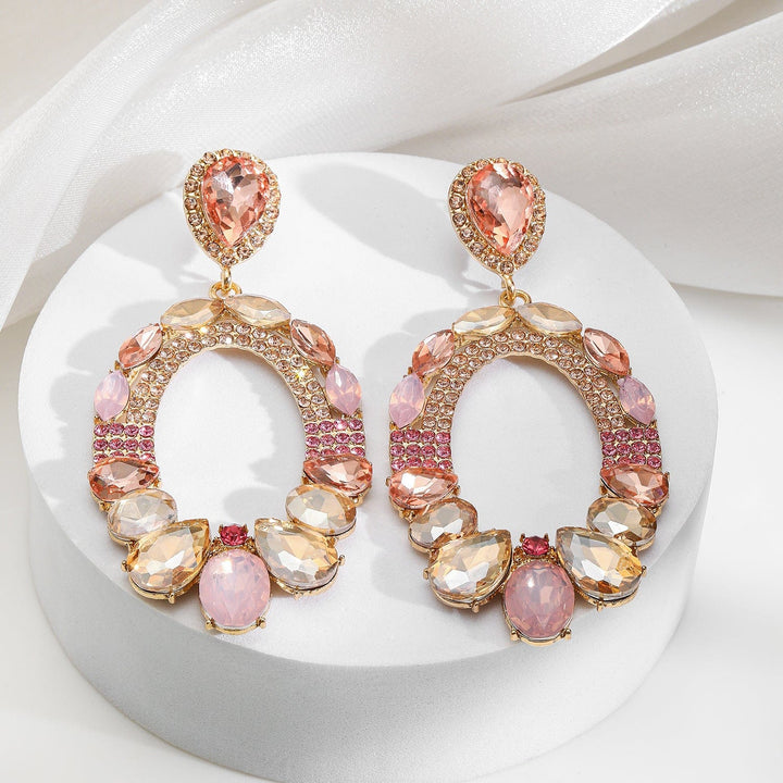 Rubans 18K Gold-Plated Oval Pink & Champagne Crystal Studded Statement Dangle Earrings Earrings