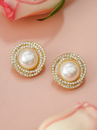 Rubans 18K Gold-Plated Oversize Pearl Stud Earring with Round & Pave Cubic Zirconia Design Earrings