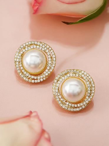 Rubans 18K Gold-Plated Oversize Pearl Stud Earring with Round & Pave Cubic Zirconia Design Earrings