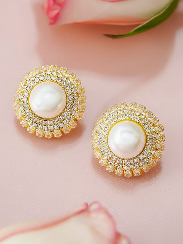 Rubans 18K Gold-Plated Oversize Round Pearl Stud Earrings with Dual-Layered Cubic Zirconia Earrings