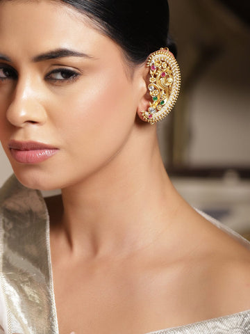 Rubans 18k Gold-Plated Oxidized Green, Pink & White Stone Peacock Motif Oversized Ear cuffs Earrings - Pack of 2 Ear Cuff Earrings
