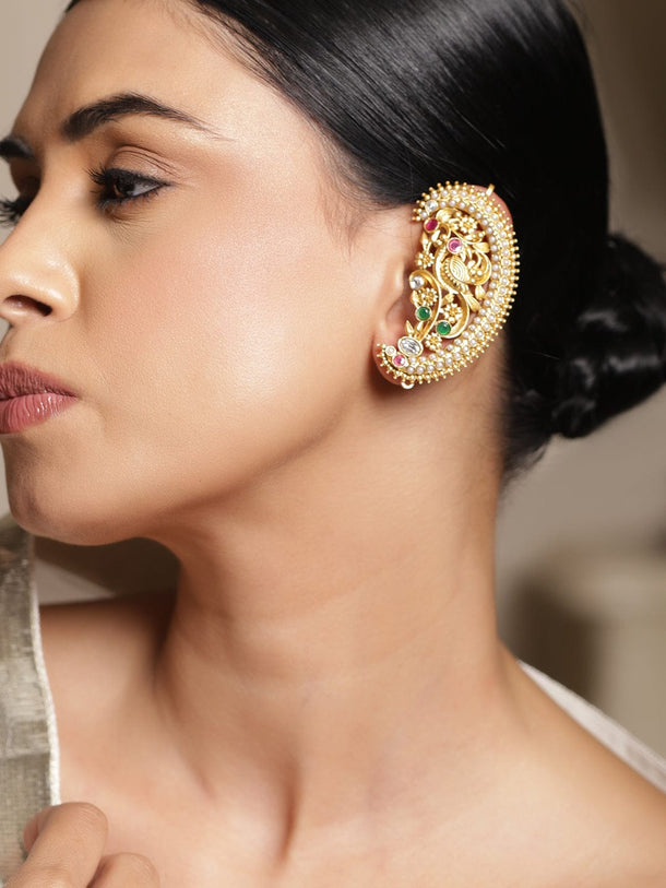 Rubans 18k Gold-Plated Oxidized Green, Pink & White Stone Peacock Motif Oversized Ear cuffs Earrings - Pack of 2 Earrings