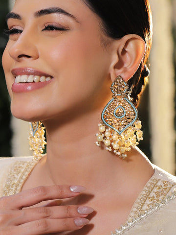 Rubans 18K Gold-Plated Pastel Blue Kundan & Glossy Off-White Pearl Beaded Handcrafted Long Chandelier Chandelier Earrings