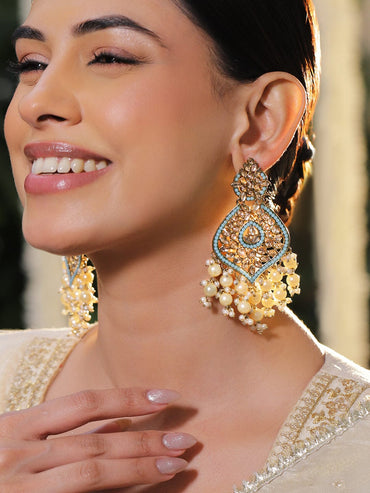 Rubans 18K Gold-Plated Pastel Blue Kundan & Glossy Off-White Pearl Beaded Handcrafted Long Chandelier Chandelier Earrings