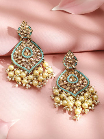 Rubans 18K Gold-Plated Pastel Blue Kundan & Glossy Off-White Pearl Beaded Handcrafted Long Chandelier Earrings