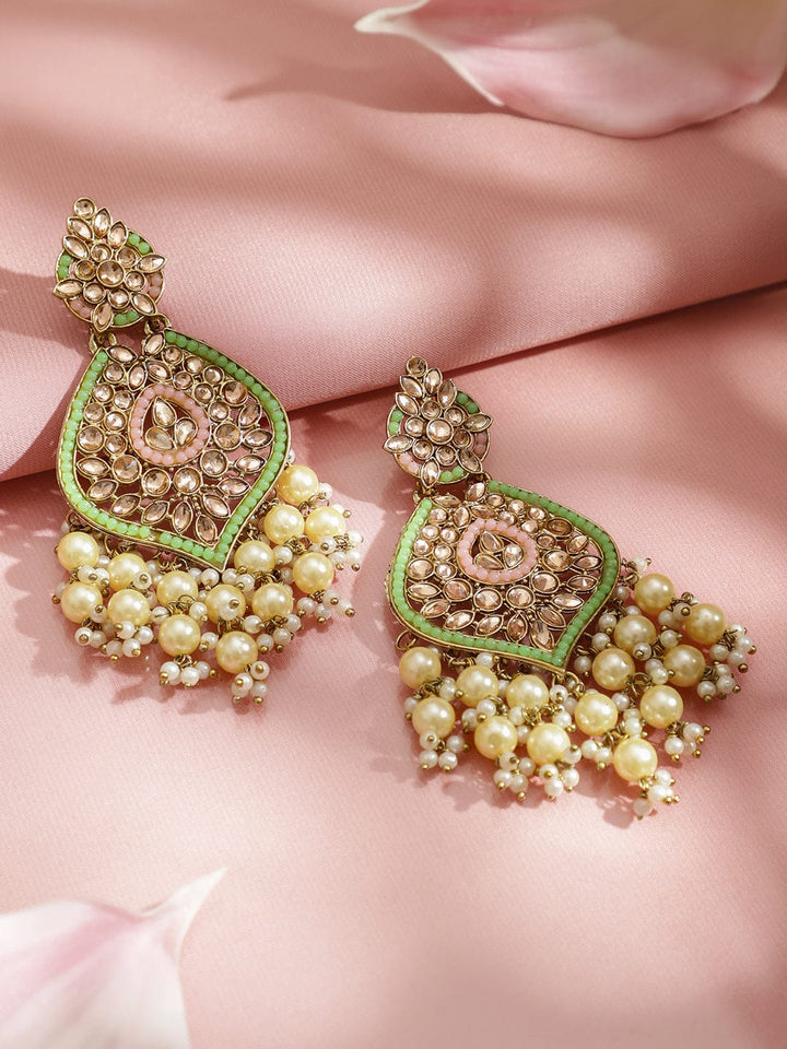 Rubans 18K Gold-Plated Pastel Green Kundan & Glossy Off-White Pearl Beaded Handcrafted Long Chandelier Earrings
