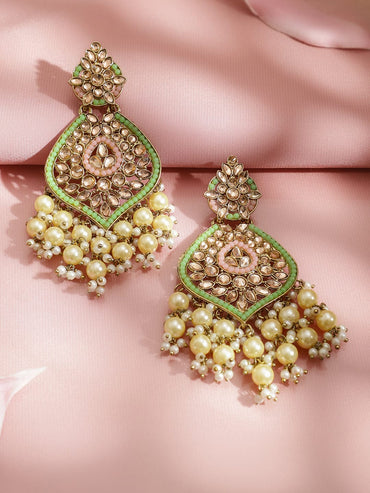 Rubans 18K Gold-Plated Pastel Green Kundan & Glossy Off-White Pearl Beaded Handcrafted Long Chandelier Earrings