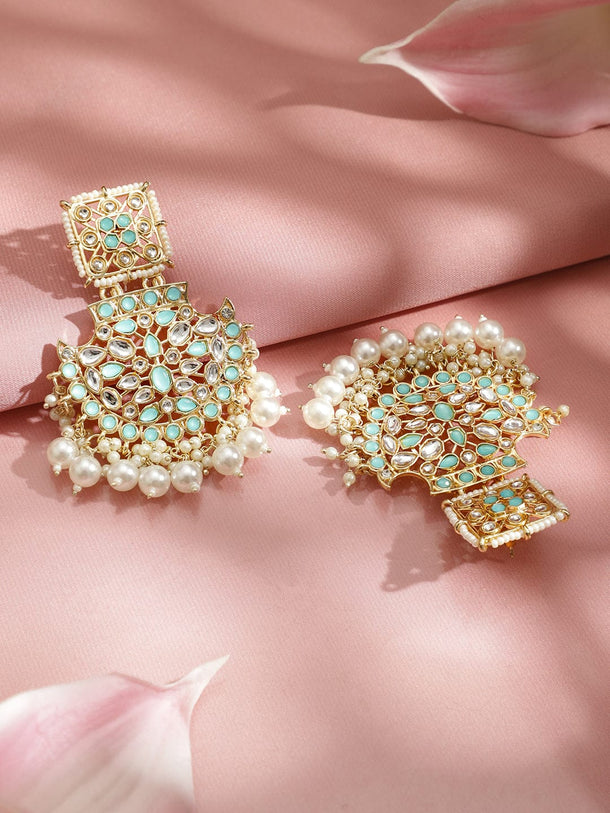 Rubans 18K Gold-Plated Pastel Green & White Kundan Handcrafted Long Chandbali with White Pearls Drops Earrings