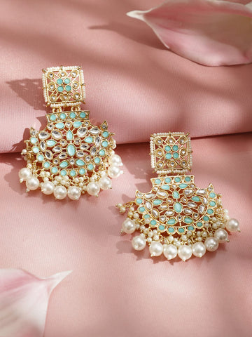 Rubans 18K Gold-Plated Pastel Green & White Kundan Handcrafted Long Chandbali with White Pearls Drops Earrings