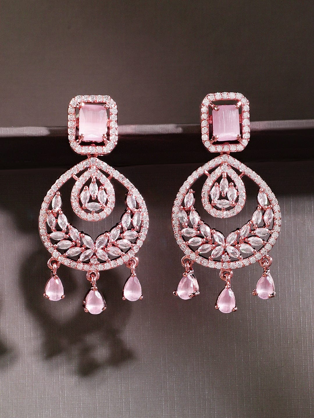 Rubans 18K Gold-Plated Pastel Pink AD & Cubic Zirconia Studded Chandelier Earrings Chandelier Earrings