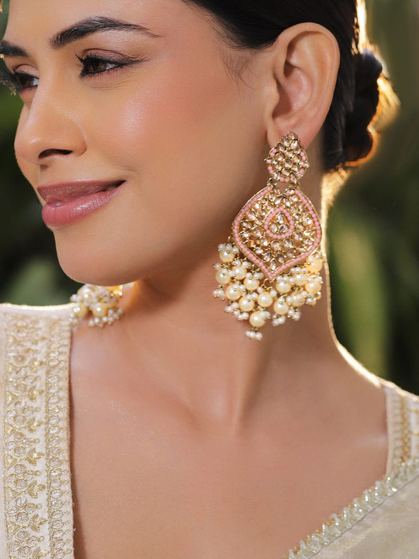 Rubans 18K Gold-Plated Pastel Pink Kundan & Glossy Off-White Pearl Beaded Handcrafted Long Chandelier (Copy) Earrings