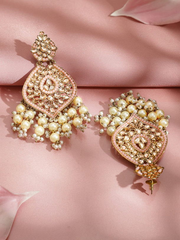Rubans 18K Gold-Plated Pastel Pink Kundan & Glossy Off-White Pearl Beaded Handcrafted Long Chandelier (Copy) Earrings
