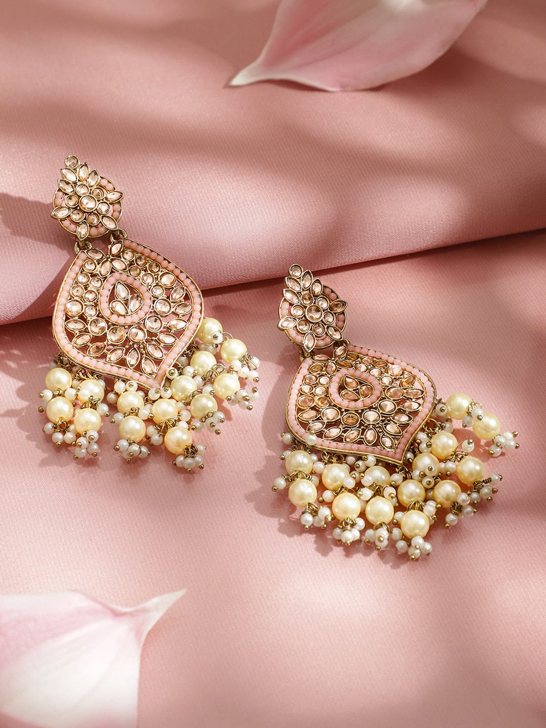 Rubans 18K Gold-Plated Pastel Pink Kundan & Glossy Off-White Pearl Beaded Handcrafted Long Chandelier (Copy) Earrings