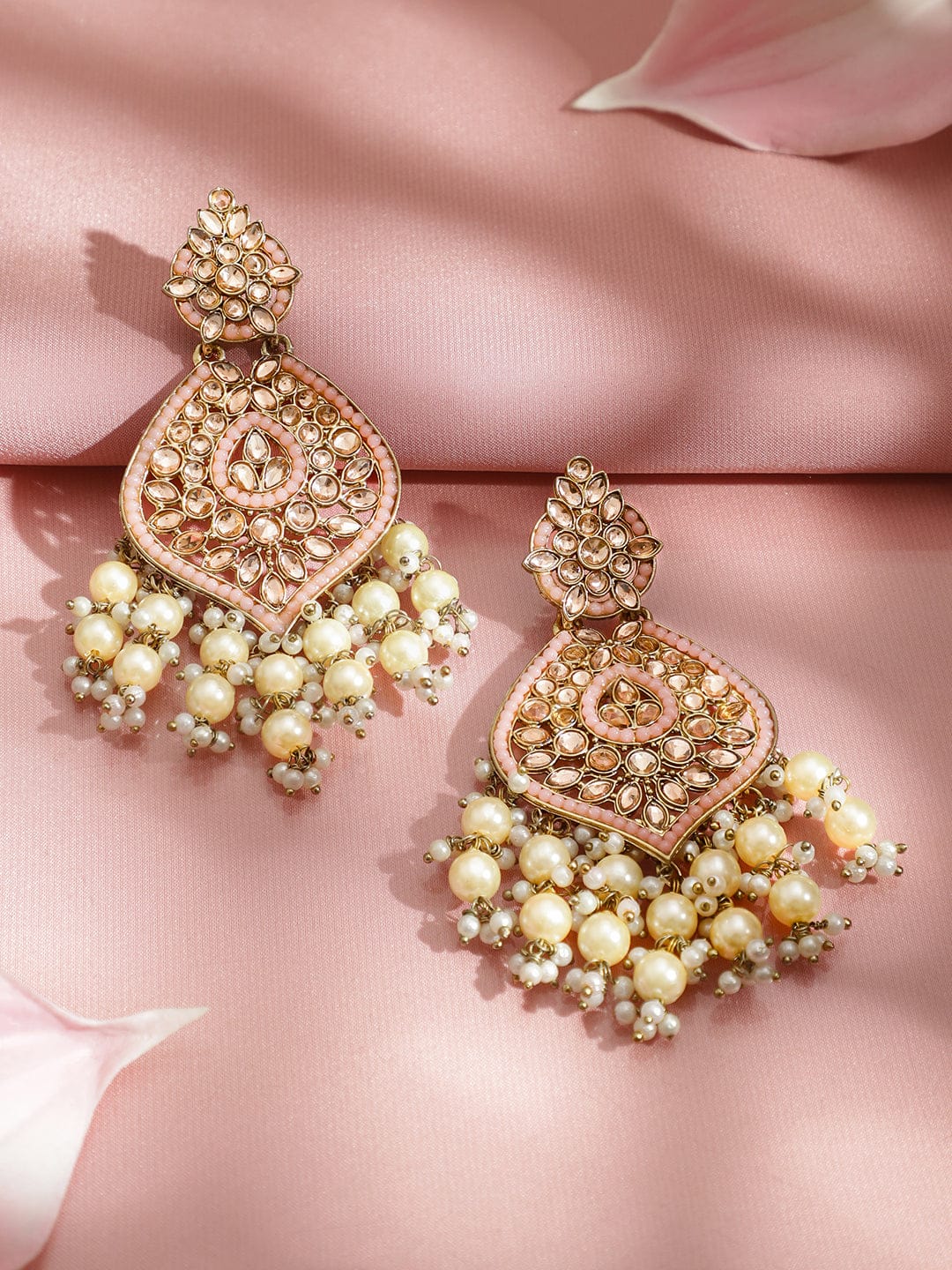Rubans 18K Gold-Plated Pastel Pink Kundan & Glossy Off-White Pearl Beaded Handcrafted Long Chandelier (Copy) Earrings