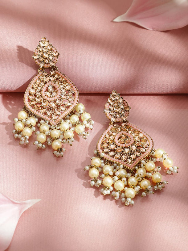 Rubans 18K Gold-Plated Pastel Pink Kundan & Glossy Off-White Pearl Beaded Handcrafted Long Chandelier (Copy) Earrings
