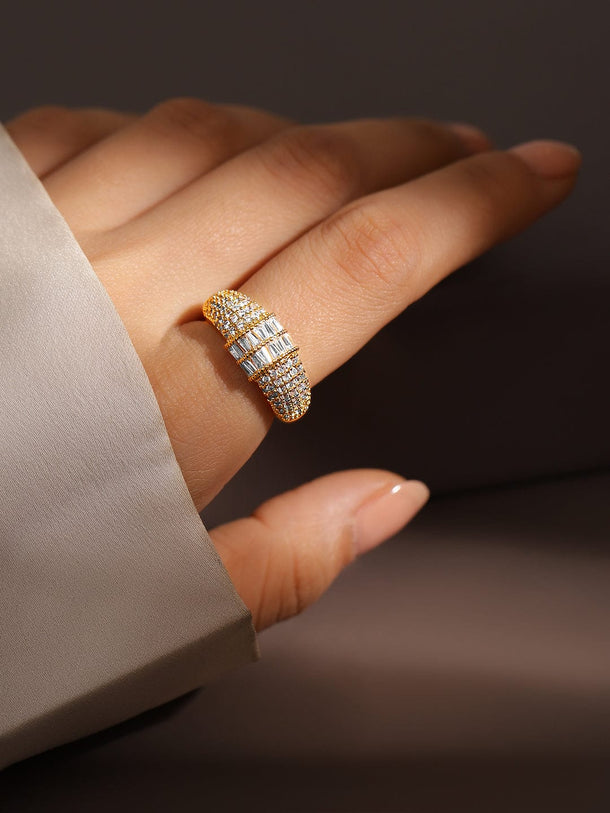 Rubans 18K Gold-Plated Pave & Baguette Cubic Zirconia Studded Adjustable Ring Finger Ring