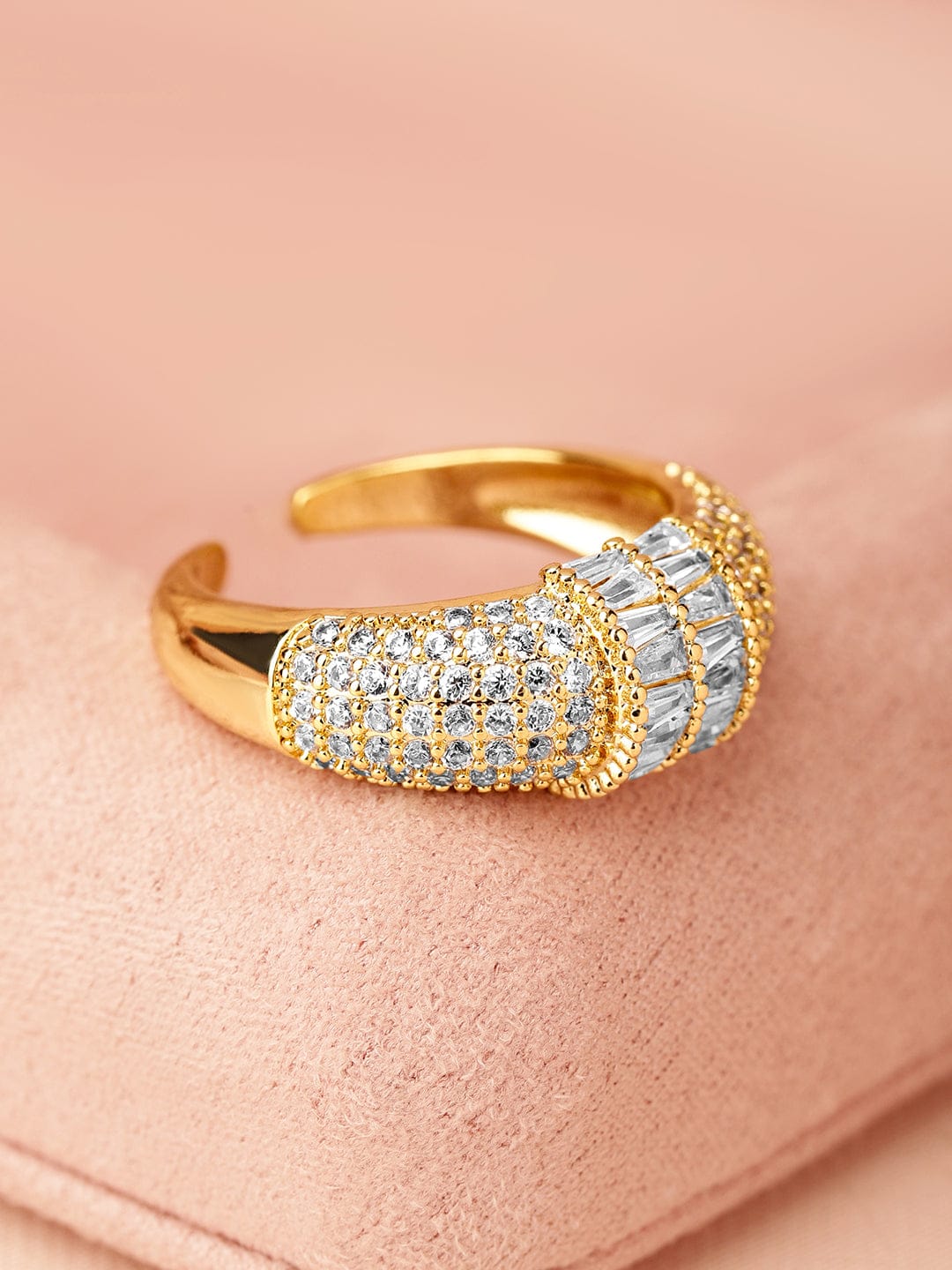 Rubans 18K Gold-Plated Pave & Baguette Cubic Zirconia Studded Adjustable Ring Rings