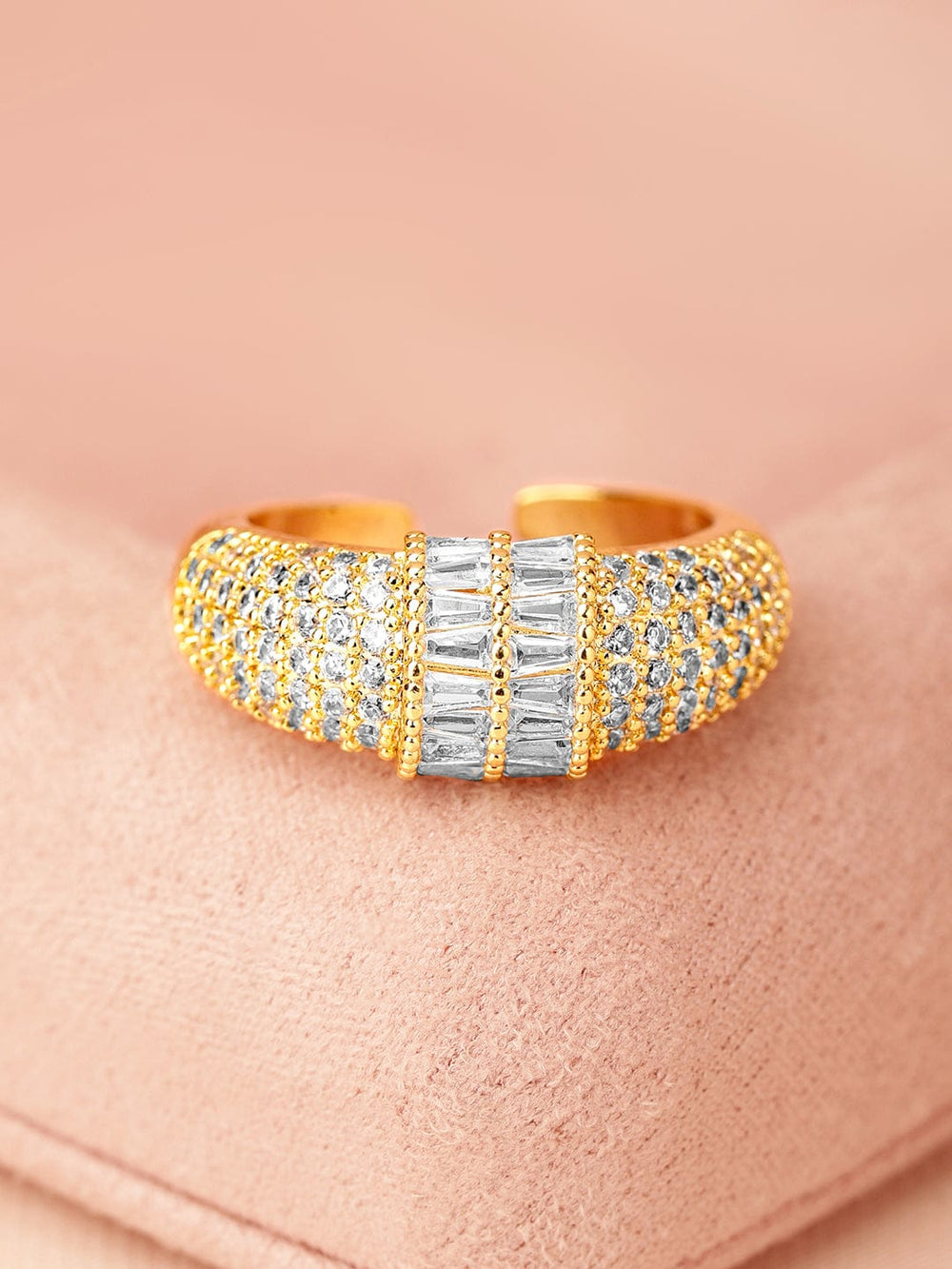 Rubans 18K Gold-Plated Pave & Baguette Cubic Zirconia Studded Adjustable Ring Rings