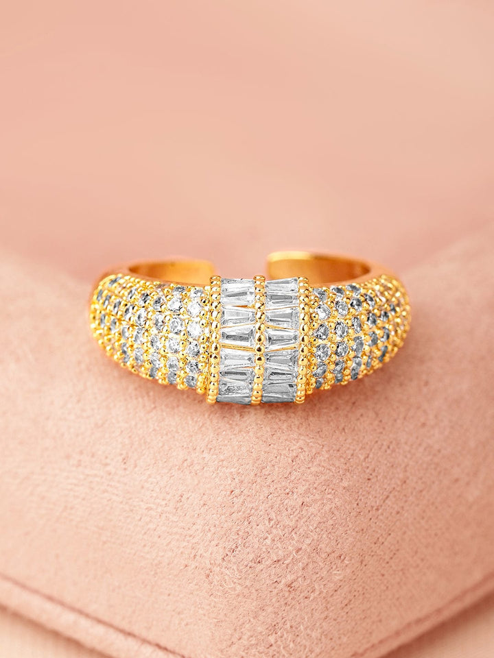 Rubans 18K Gold-Plated Pave & Baguette Cubic Zirconia Studded Adjustable Ring Rings