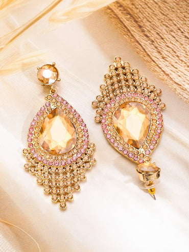 Rubans 18K Gold-Plated Peach & Pink AD & Cubic Zirconia Studded Chandelier Drop Earrings Earrings
