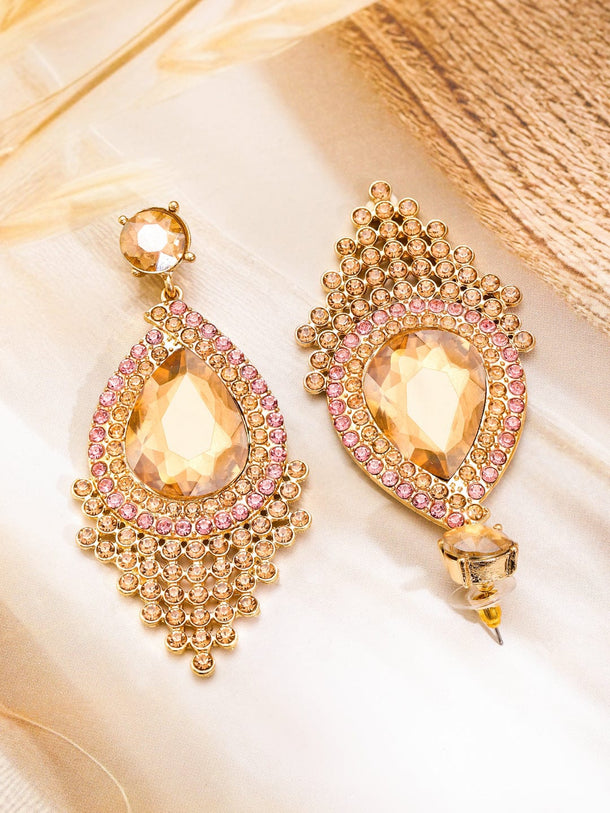 Rubans 18K Gold-Plated Peach & Pink AD & Cubic Zirconia Studded Chandelier Drop Earrings Earrings