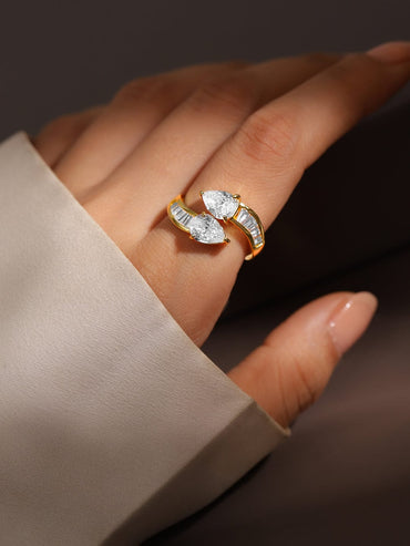 Rubans 18K Gold-Plated Pear-Cut Cubic Zirconia Studded Openable Adjustable Ring Finger Ring