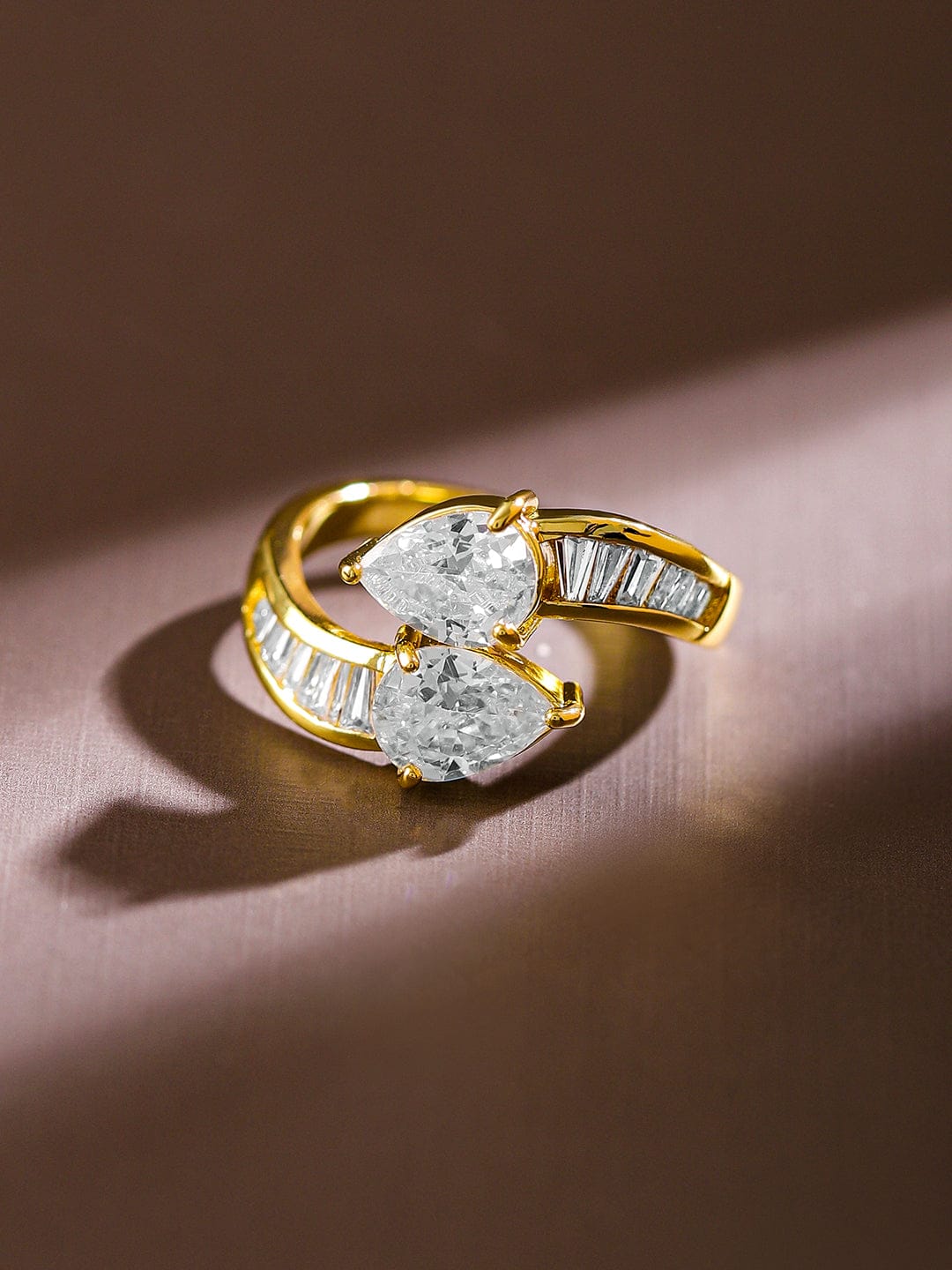 Rubans 18K Gold-Plated Pear-Cut Cubic Zirconia Studded Openable Adjustable Ring Rings