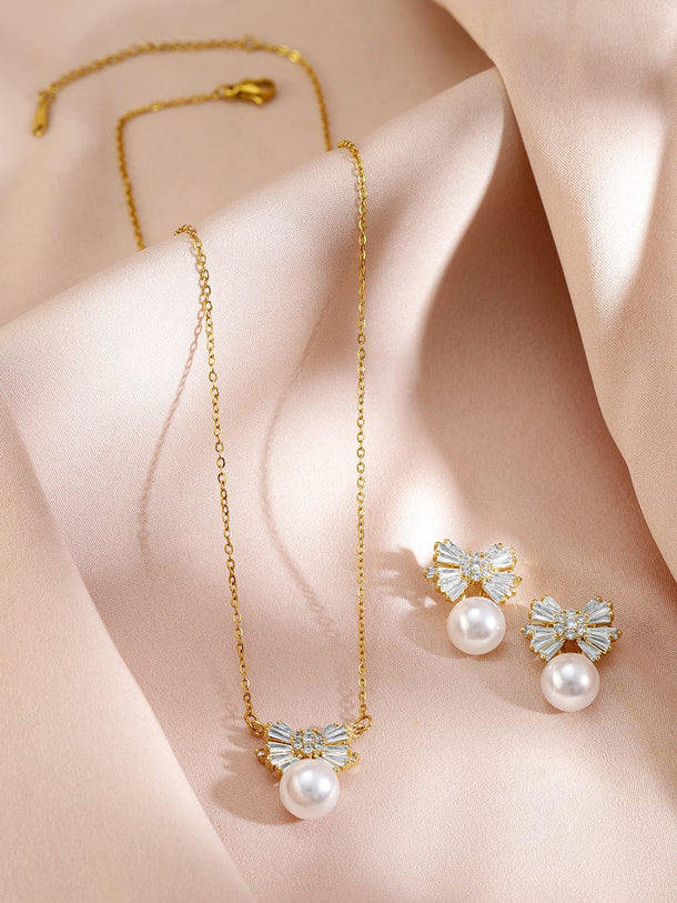 Rubans 18K Gold-Plated Pearl and Crystal Bow Pendant Necklace and Earrings Necklace & Chains