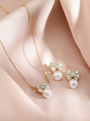 Rubans 18K Gold-Plated Pearl and Crystal Bow Pendant Necklace and Earrings Necklace & Chains