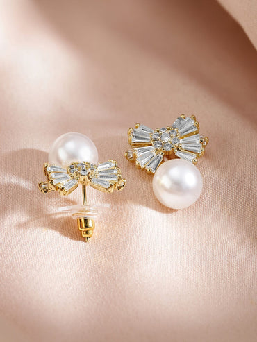 Rubans 18K Gold-Plated Pearl and Crystal Bow Pendant Necklace and Earrings Necklace & Chains