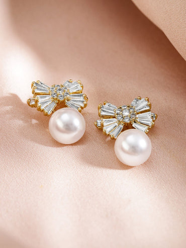 Rubans 18K Gold-Plated Pearl and Crystal Bow Pendant Necklace and Earrings Necklace & Chains